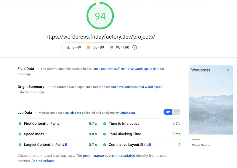 Wyniki wydajności z WP Rocket