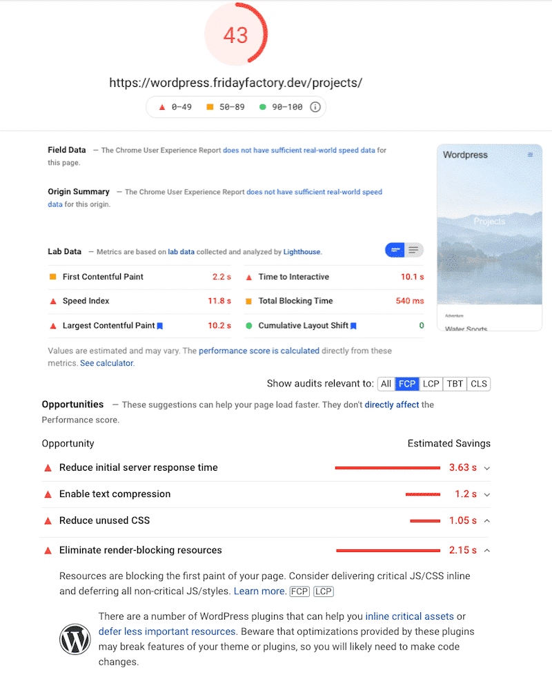 Wynik mojej witryny WordPress na urządzeniu mobilnym (bez WP Rocket) — źródło: PSI