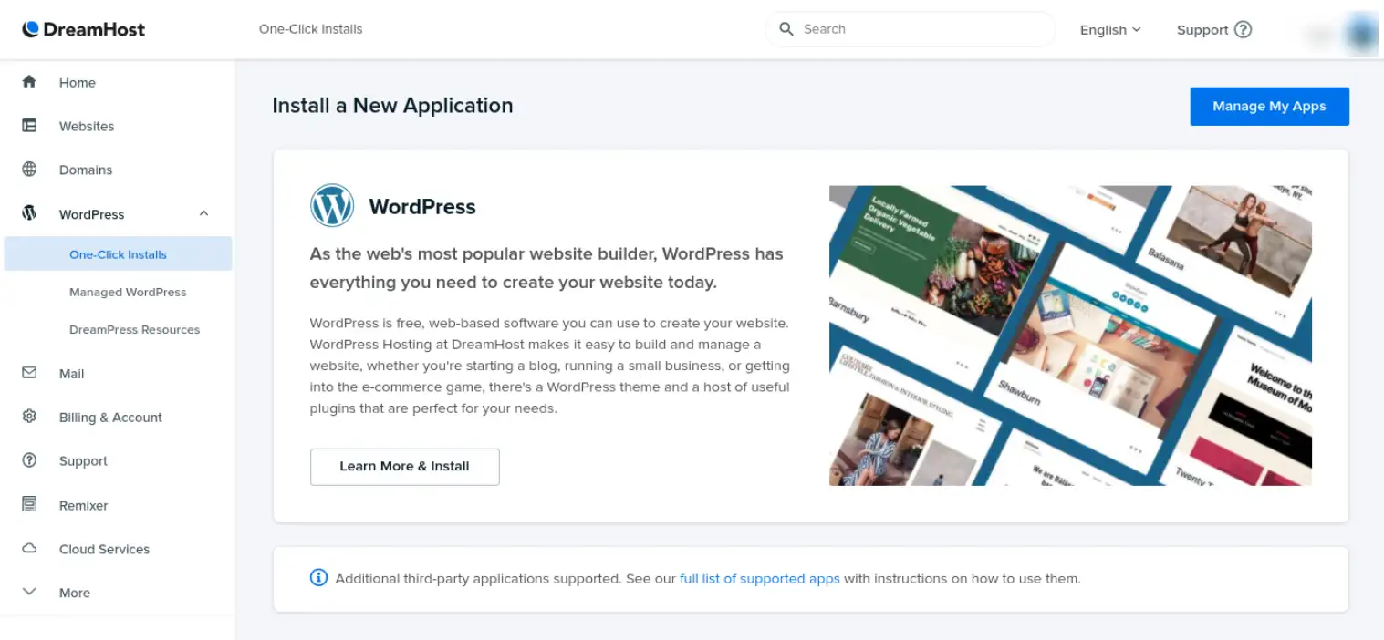 Das DreamHost-Dashboard.