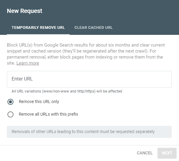 Google Search Console elimină temporar adresa URL