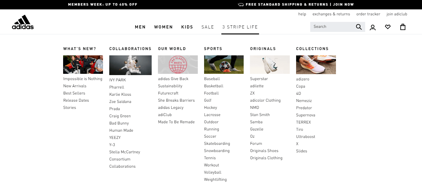 10 exemple de mega meniuri bine concepute 4 Adidas Mega Menu