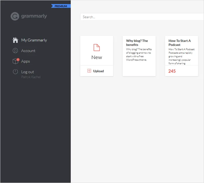 Vista del panel de Grammarly Premium