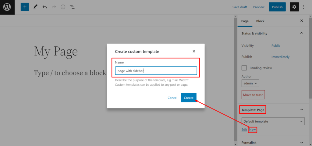¿Cómo editar la barra lateral de WordPress en el tema Twenty Twenty-two? 6 create a new page template twenty twenty-two WordPress theme