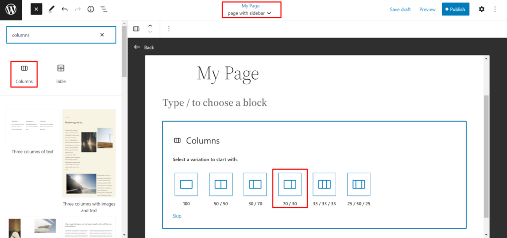 ¿Cómo editar la barra lateral de WordPress en el tema Twenty Twenty-two? 7 create a column for the page template