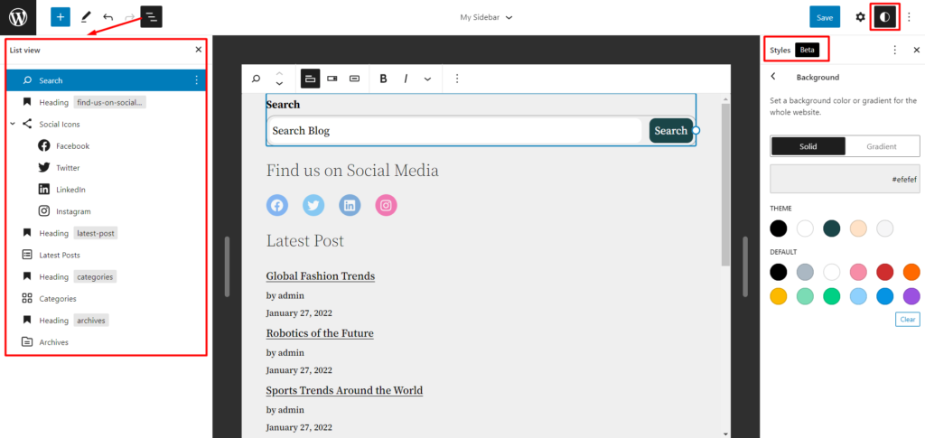 ¿Cómo editar la barra lateral de WordPress en el tema Twenty Twenty-two? 12 Rearrange sidebar items and add styles