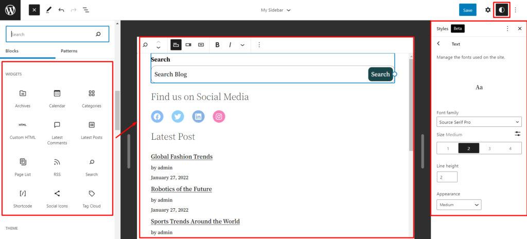 ¿Cómo editar la barra lateral de WordPress en el tema Twenty Twenty-two? 11 Add elements to the WordPress sidebar