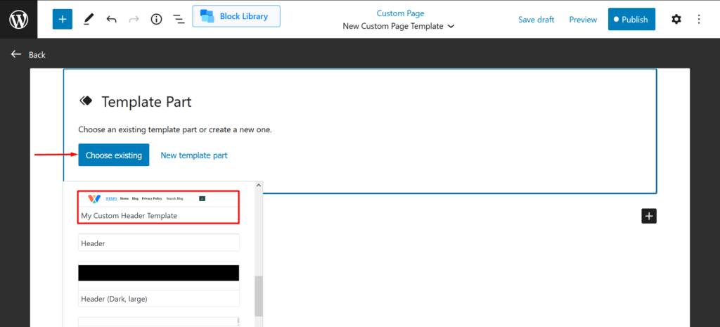22のテーマ6でWordPressページテンプレートを作成する方法 Choose header template part for custom WordPress page template