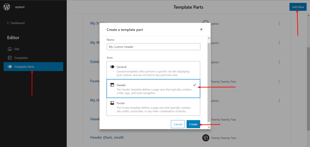 22のテーマでWordPressページテンプレートを作成する方法5 Creating a new template part in the twenty twenty-two WordPress theme