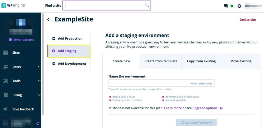 Пользовательский портал WP Engine — тестовая среда
