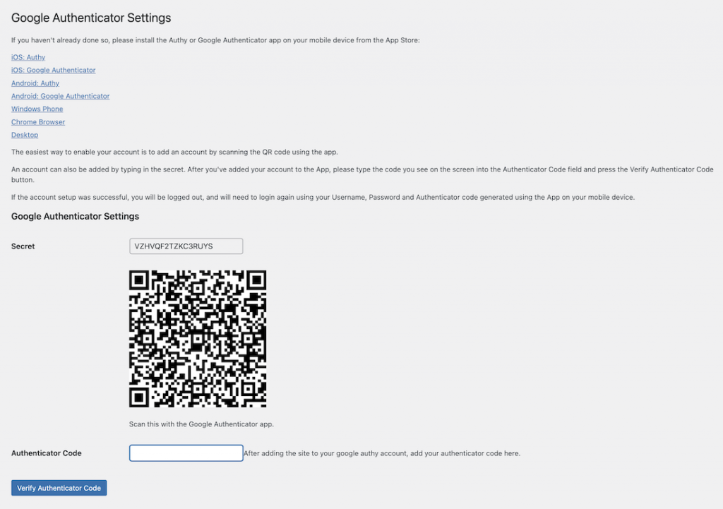Layar awal WordPress dengan Google Authenticator