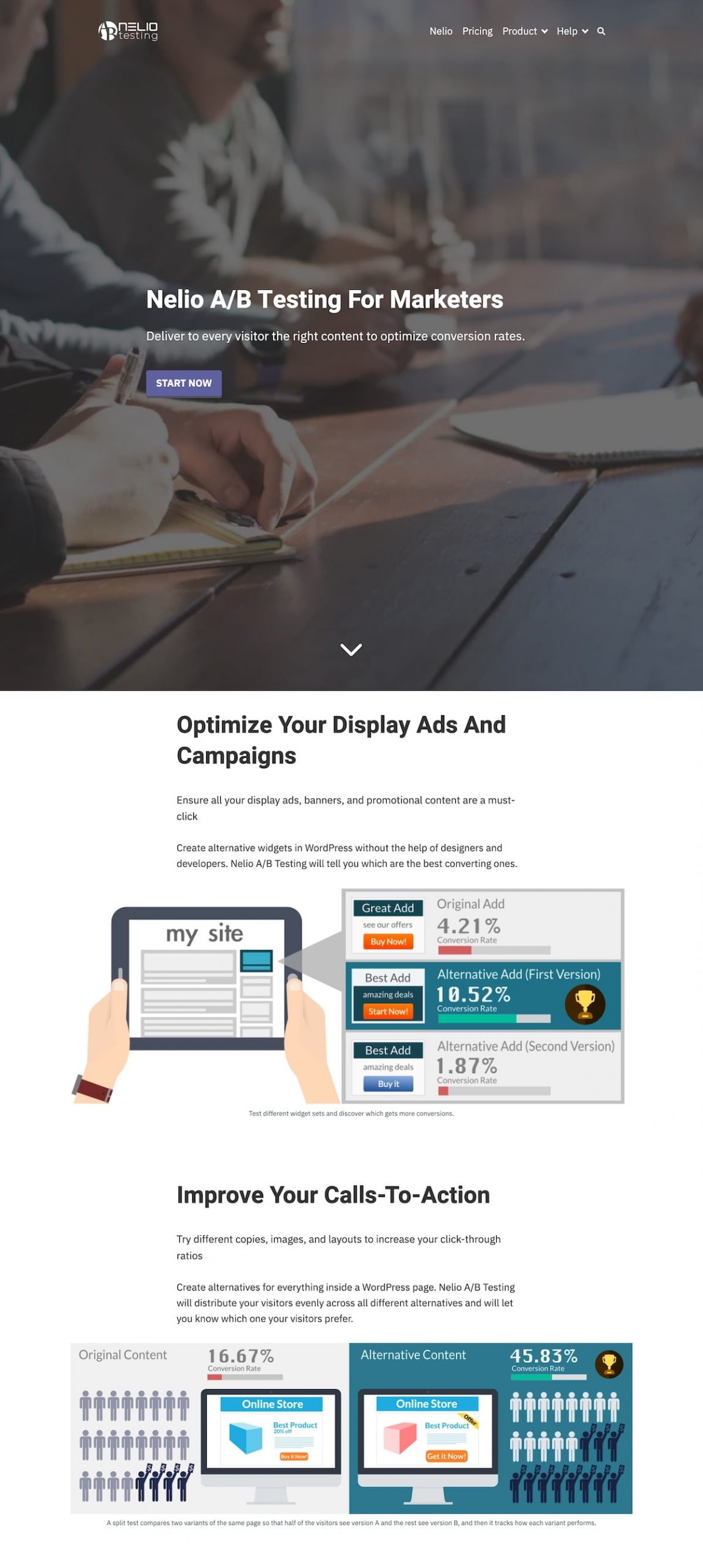 Captura parcial de la landing page de Nelio A/B Pengujian untuk pemasar