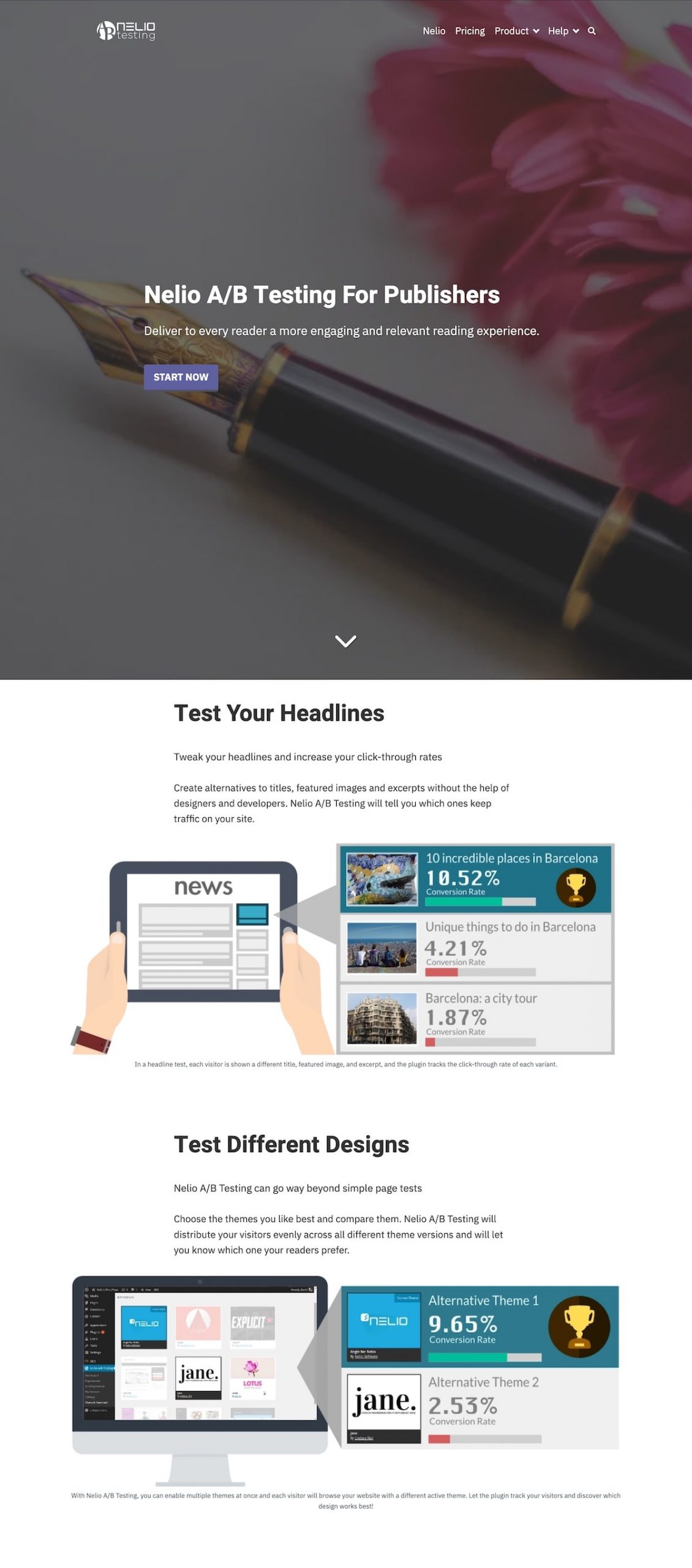 Captura parcial de la landing page de Nelio A/B Pengujian untuk penerbit