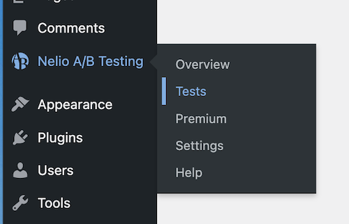 Opsi menu plugin Pengujian A/B Nelio