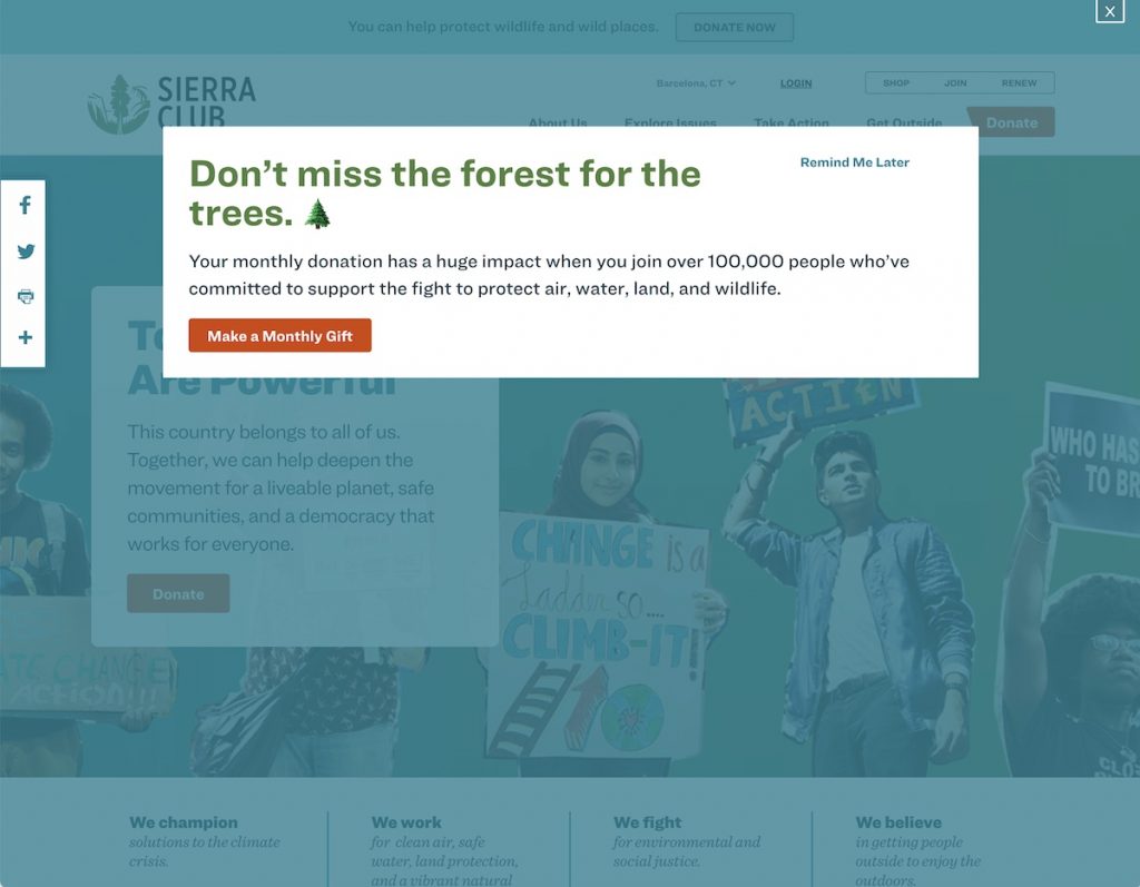 Tangkapan layar munculan Sierra Club