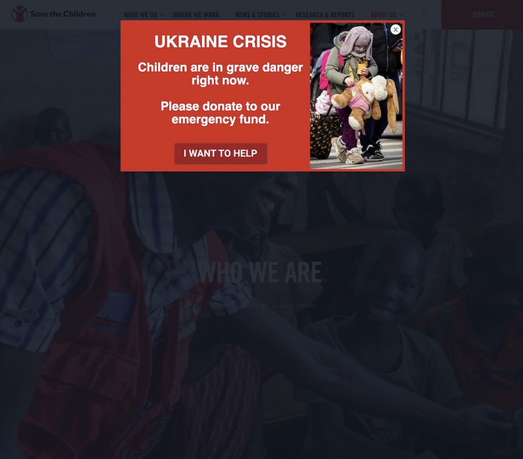 Munculan yang ditampilkan di situs web Save The Children