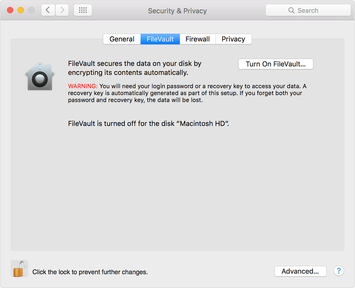 تم إيقاف تشفير FileVault
