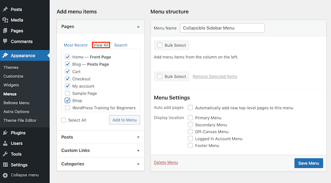 وورد قائمة إضافة Adding pages to your WordPress menu.