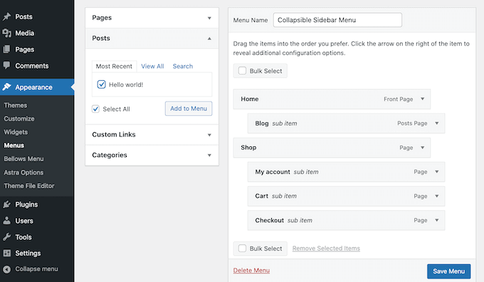 قائمة الوظائف الإضافية Adding posts to the WordPress menu.