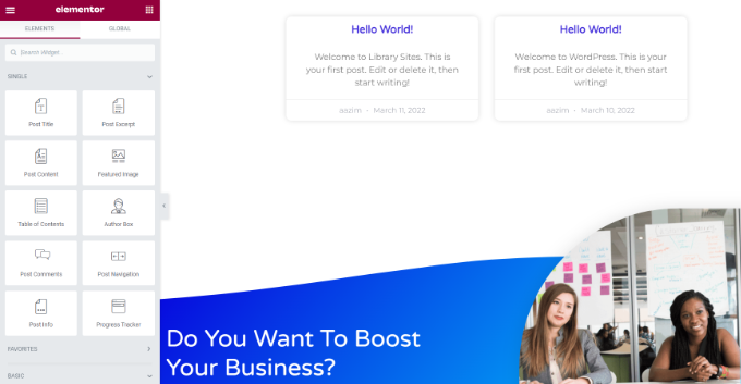 Pembuat seret dan lepas elemen Elementor drag and drop builder