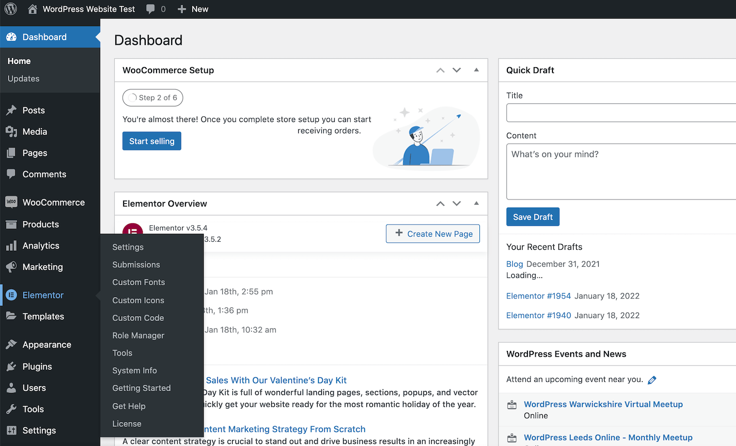 Opțiunea Elementor este adăugată la tabloul de bord WordPress odată ce este activată