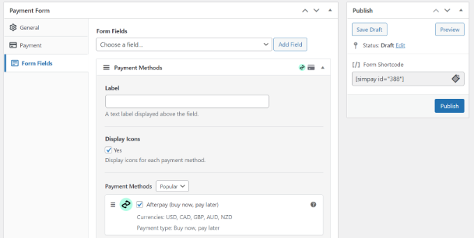 เลือกวิธีการชำระเงิน Afterpay และเผยแพร่แบบฟอร์ม Choose Afterpay payment method and publish the form