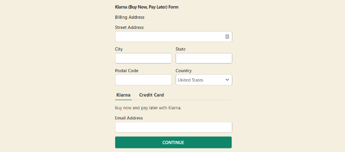 ดูตัวอย่างแบบฟอร์มการชำระเงิน klarna klarna payment form preview