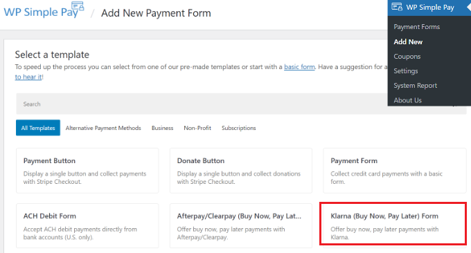 เลือกแม่แบบฟอร์ม Klarna Select Klarna form template
