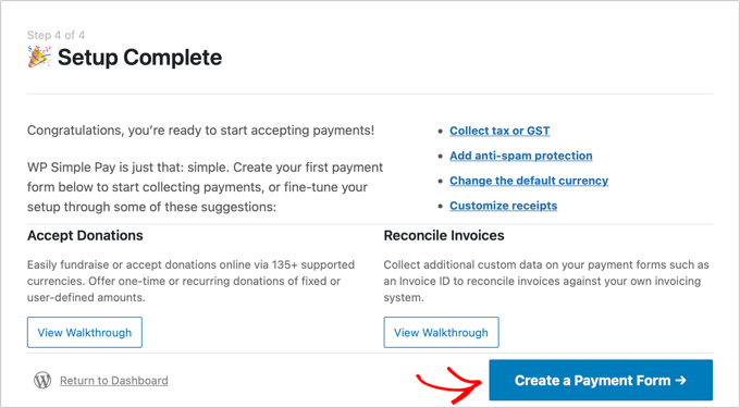 WP Simple Pay Setup เสร็จสมบูรณ์ WP Simple Pay Setup Is Complete
