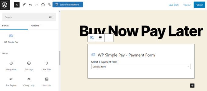 เพิ่มบล็อก WP Simple Pay Add a WP Simple Pay block