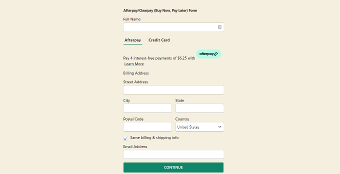 ดูตัวอย่างแบบฟอร์มการชำระเงินภายหลัง Afterpay payment form preview