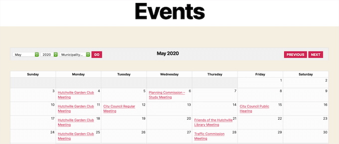 Exemple d'événements du Sugar Calendar Sugar Calendar events example