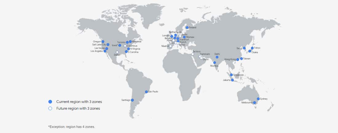Peta global zona Google Cloud di seluruh dunia.
