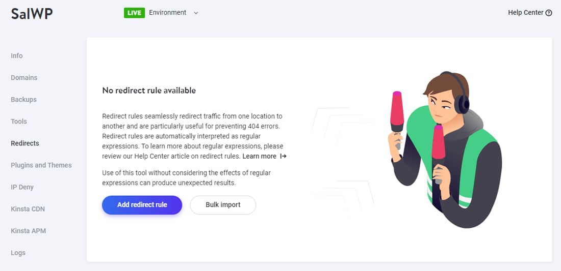 Menambahkan aturan pengalihan dari dasbor MyKinsta Anda.