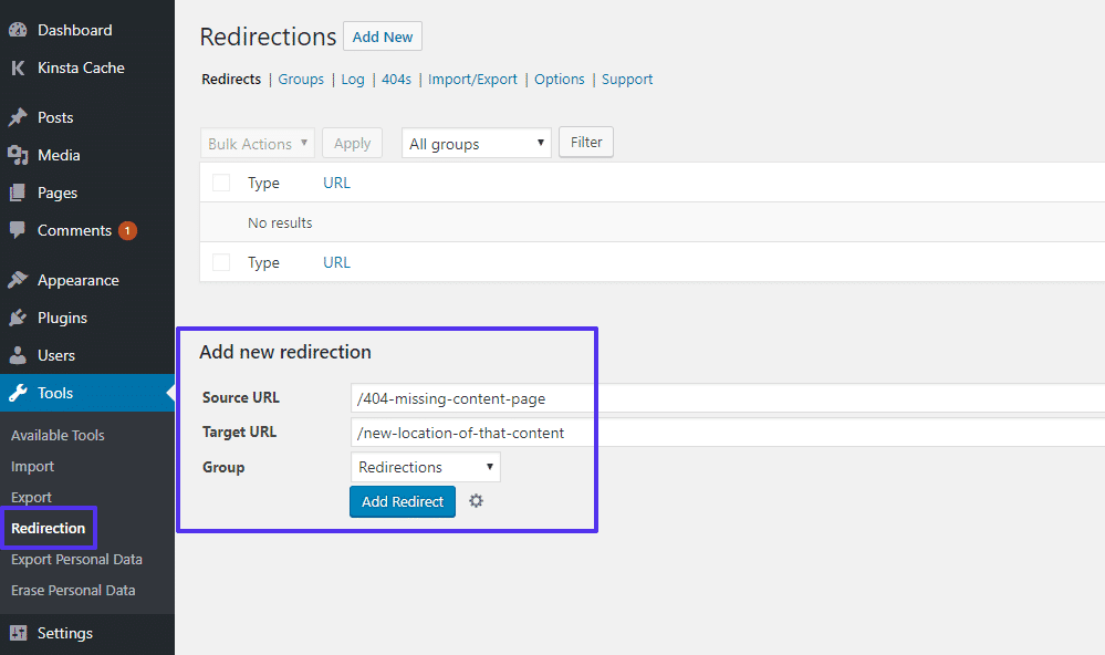 Menggunakan plugin 'Pengalihan' WordPress gratis.