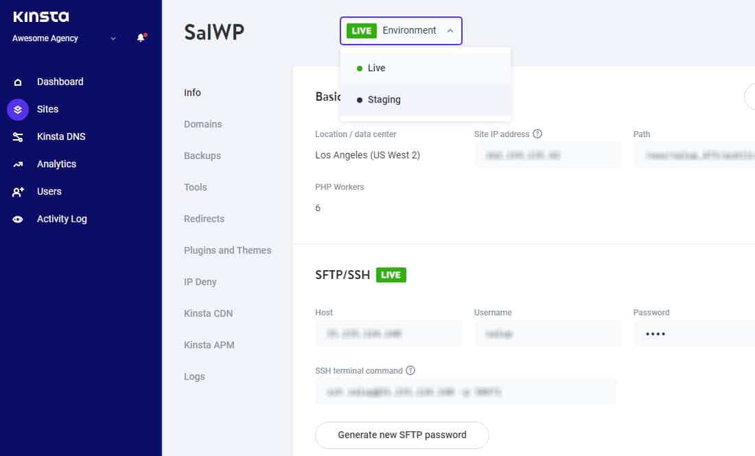 Layar yang menunjukkan cara menggunakan fitur pementasan sekali klik Kinsta.