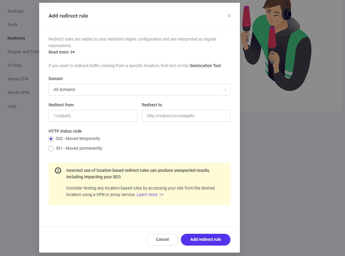 Menggunakan regex untuk menyesuaikan pengalihan Anda di alat pengalihan URL MyKinsta.