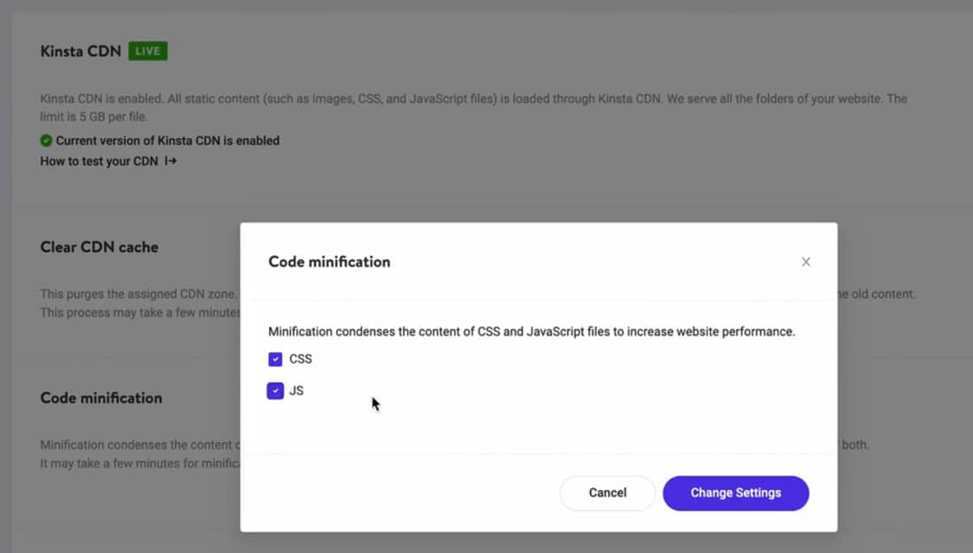 Menggunakan alat minifikasi kode yang didukung Cloudflare di MyKinsta.