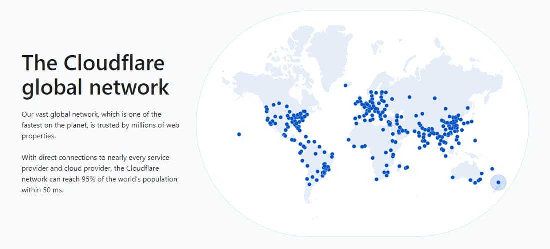 Tangkapan layar dari situs web Cloudflare yang menunjukkan peta global semua POP-nya.