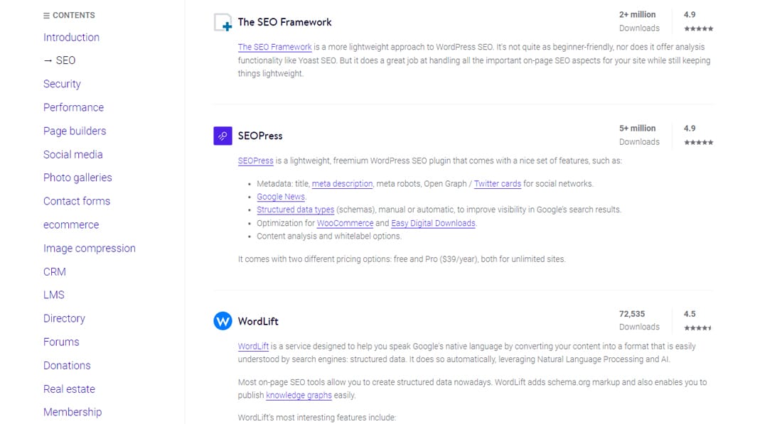 Tangkapan layar dari daftar WordPress pilihan Kinsta.