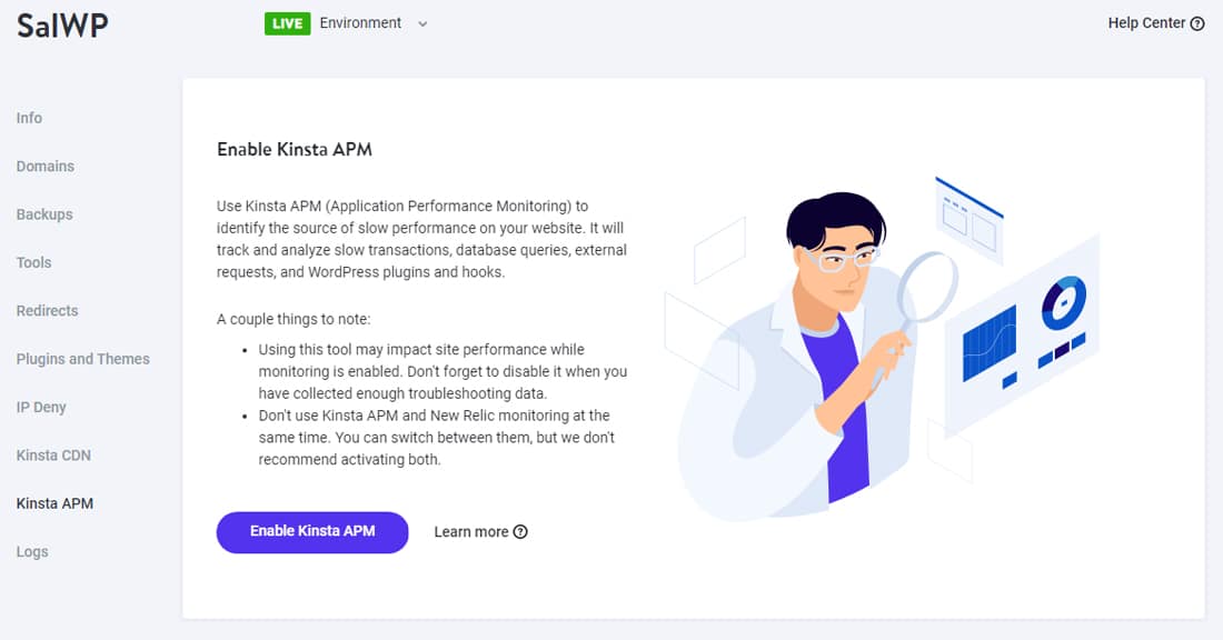 Menampilkan cara mengaktifkan Kinsta APM di dasbor MyKinsta.