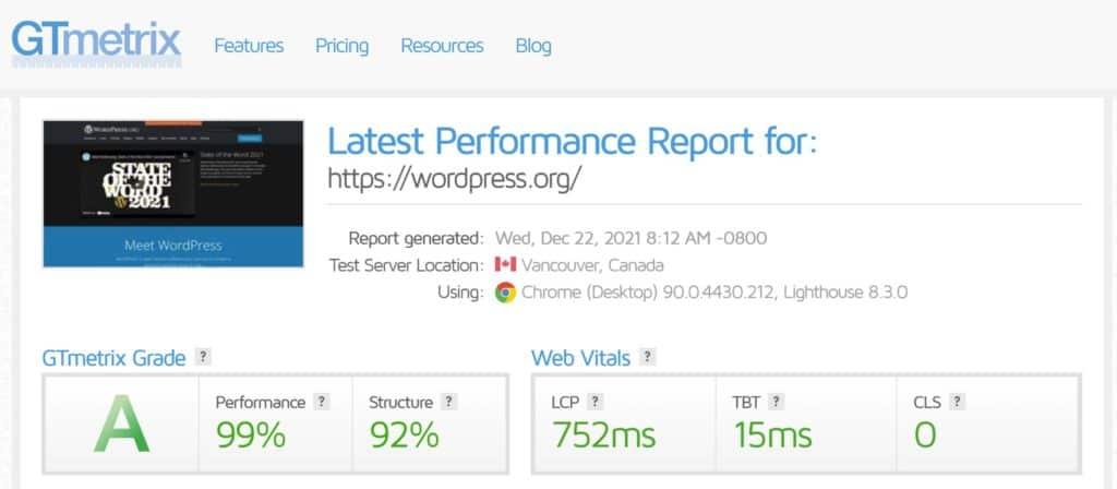 GTmetrix 中的 WordPress.org 性能报告