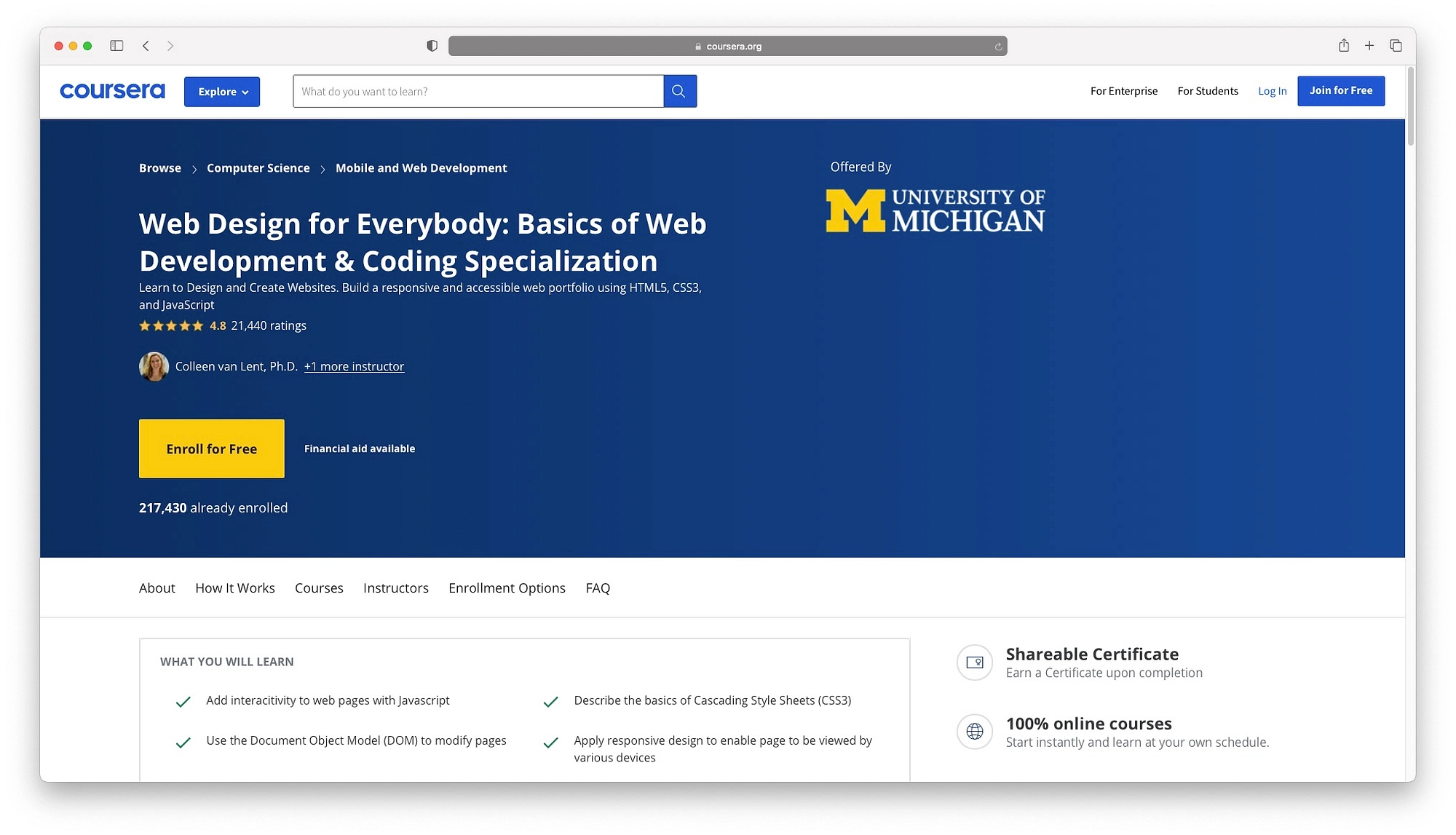Cursos de web design on-line não são mais baratos do que a oferta gratuita do Coursera da Universidade de Michigan