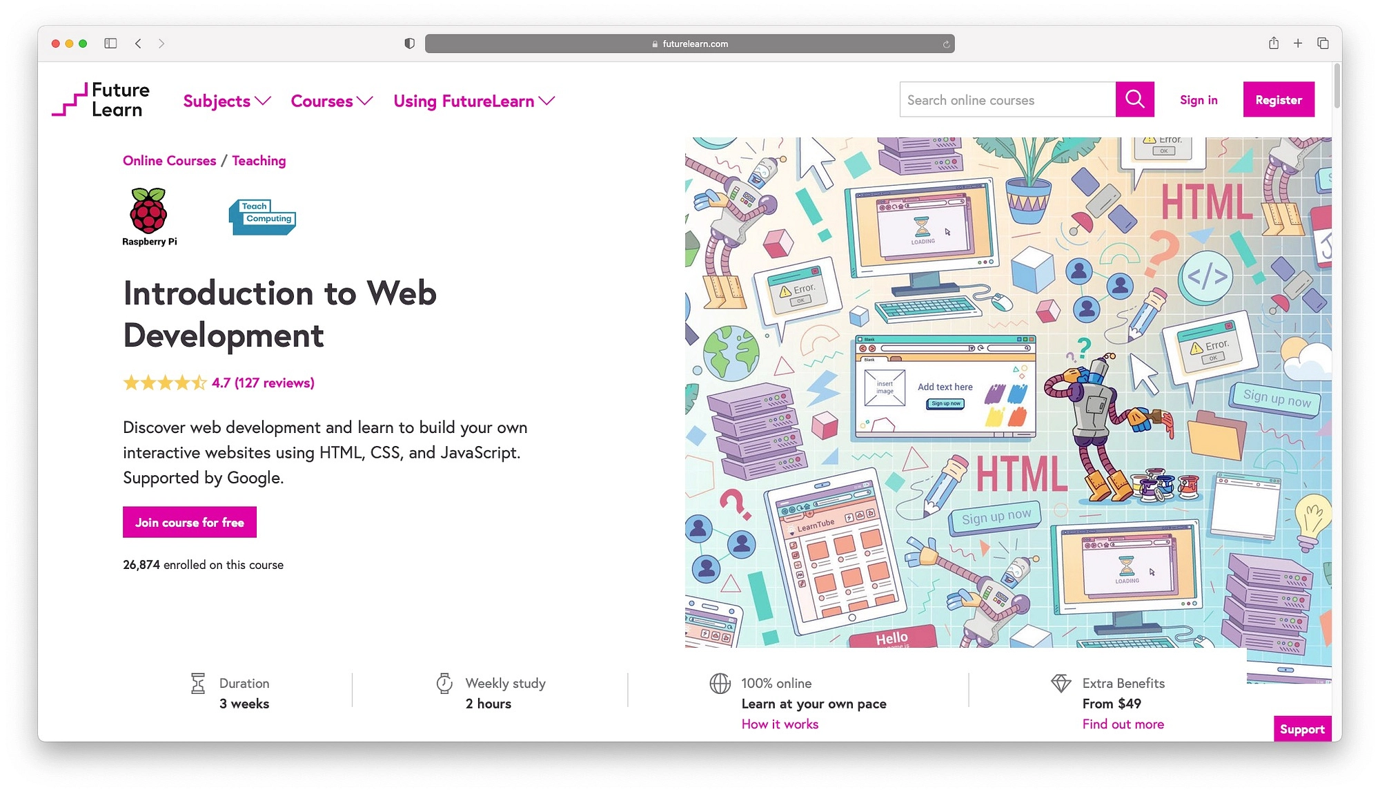 Um curso de desenvolvimento web online de Introdução ao Desenvolvimento Web da Raspberry Pi Foundation