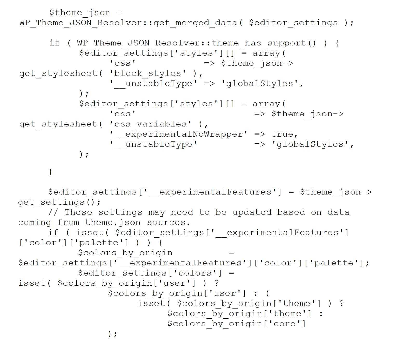 Um exemplo de código complicado do arquivo WordPress Block Editor.