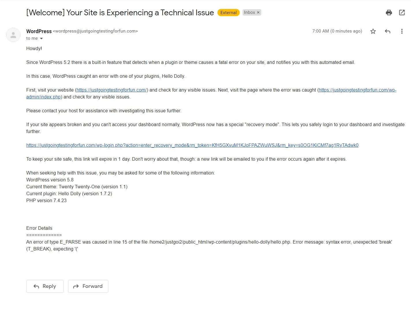 E-mail do modo de recuperação do WordPress