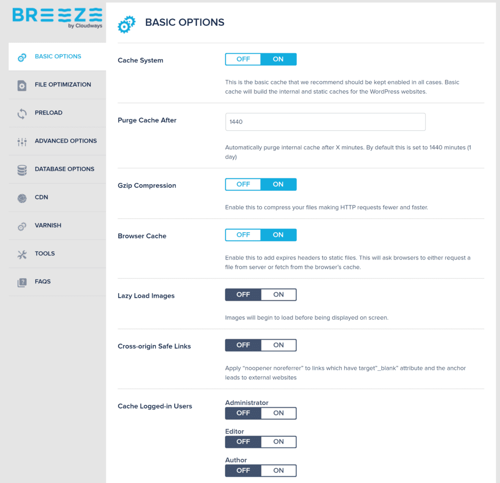 Opções básicas do Breeze