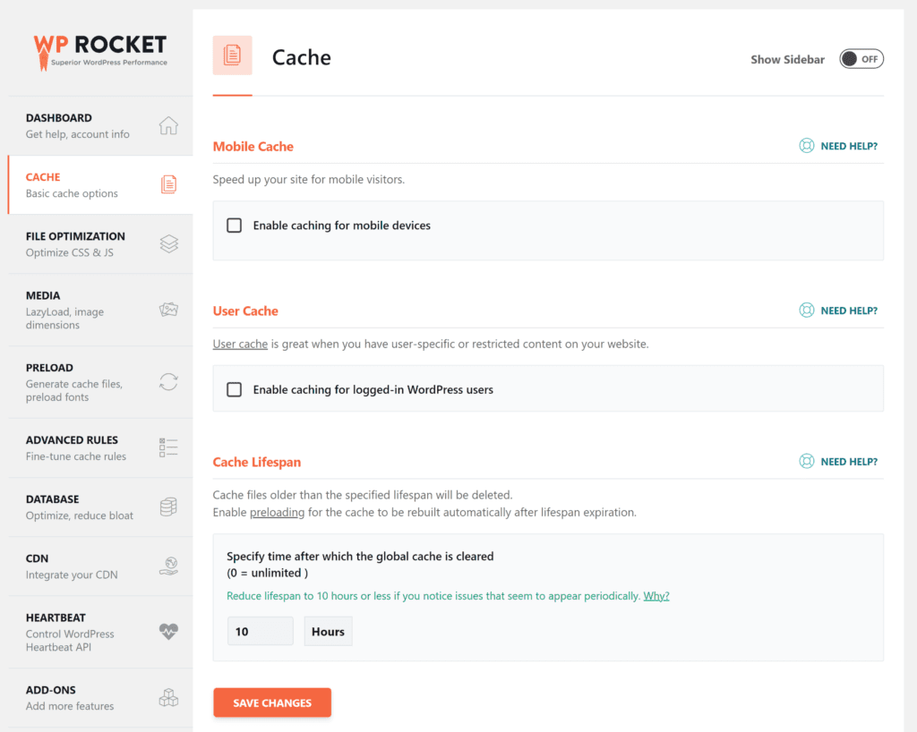 Configurações do WP Rocket Cache