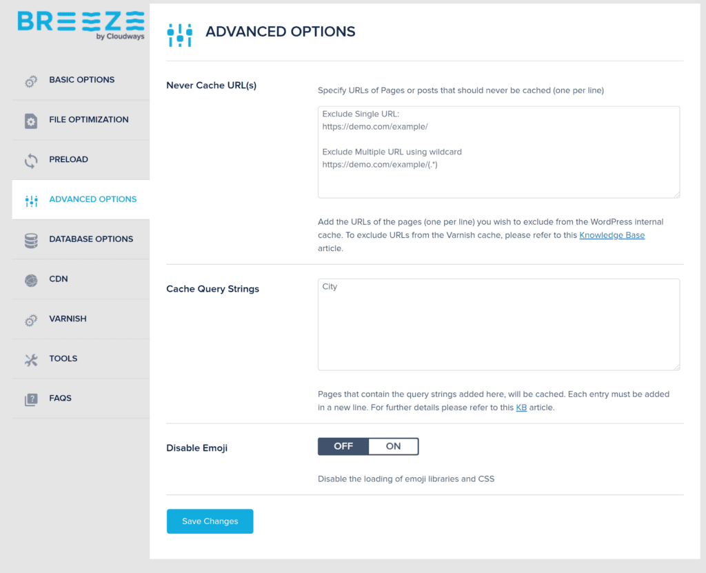 Opções avançadas do Breeze