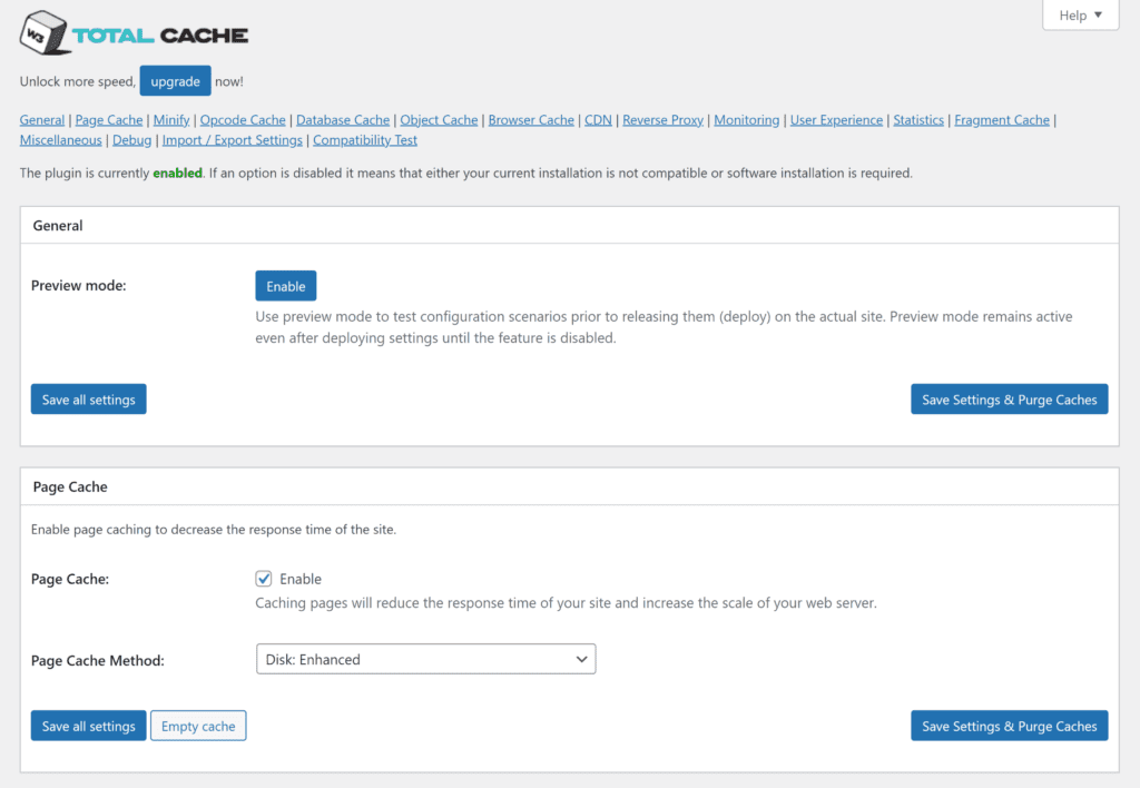 Configurações gerais do W3 Total Cache