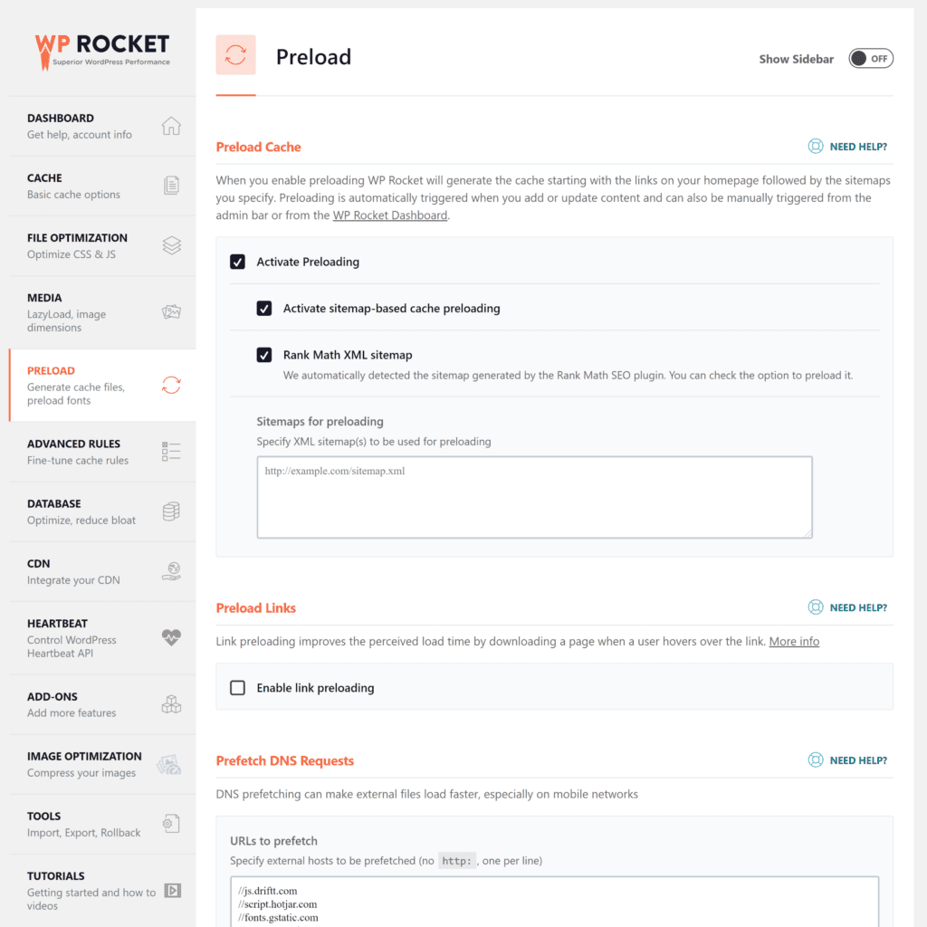 Configurações de pré-carregamento do WP Rocket